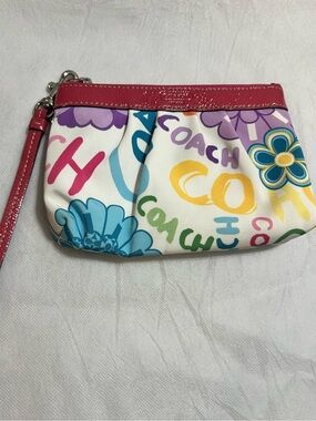 COACH Multicolor Floral Logo Wristlet with Pink Trim